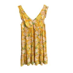 Sanctuary Carefree Baby Doll Mini Dress-V-Neck-Yellow.Orange Floral-Size Large